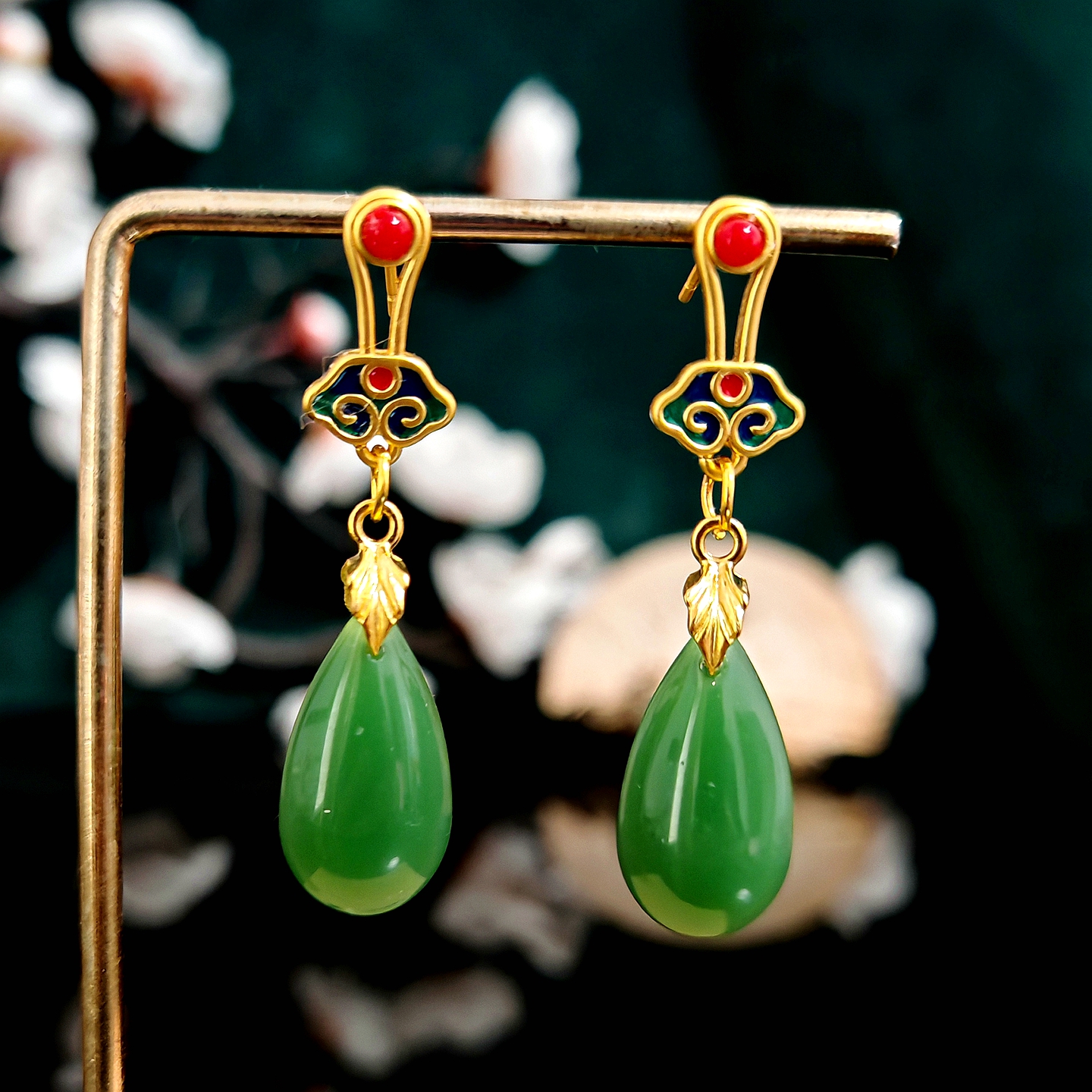 多吉米绿芳影复古新中式原创耳环耳夹配汉服旗袍