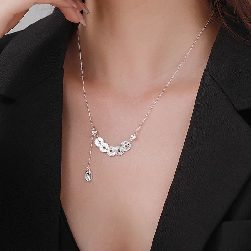 吊坠足银 G175碎冰冰五帝钱项链