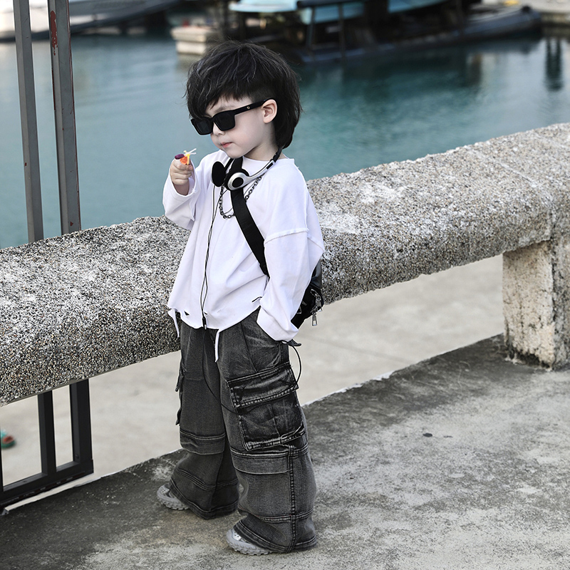 Jimmy妈童品【百搭神器】秋季新款长袖白色宽松裁剪风纯色小众T恤