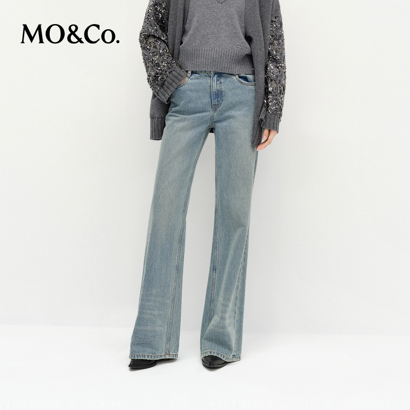 MOCO牛仔裤2025春新品高腰侧缝前移洗褪抓痕MBE1JEN016