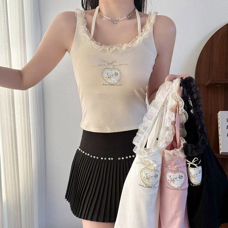 纯欲性感蕾丝无袖挂脖打底吊带背心带胸垫白色外穿吊带背心内搭