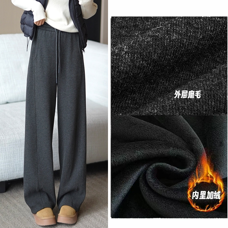 毛呢休闲裤女加绒加厚秋冬2025年新款保暖小弯刀裤羊绒阔腿裤子