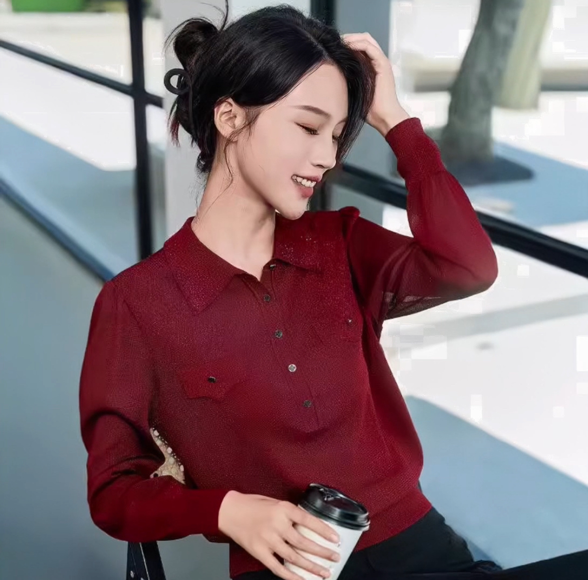 【优雅轻奢招牌】681010露西思设计感时尚高弹气质翻领女士衬衫长袖