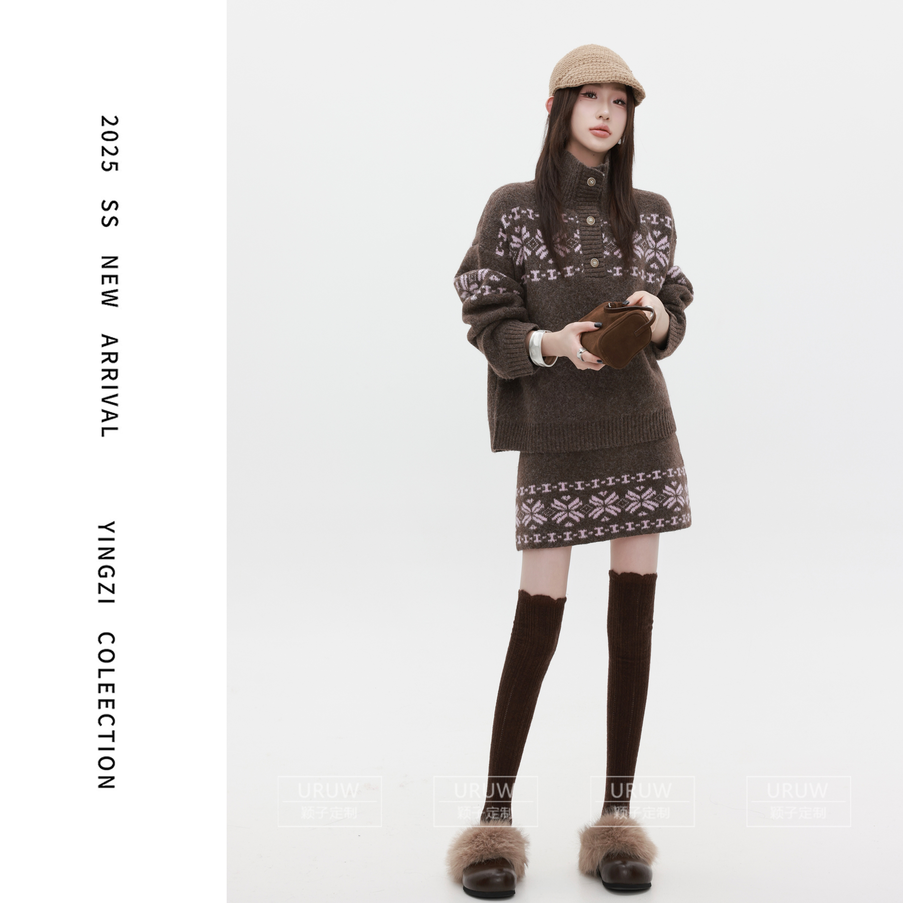 颖子定制【费尔岛梦境】复古慵懒风高领毛衣费尔岛针织高腰短裙2210