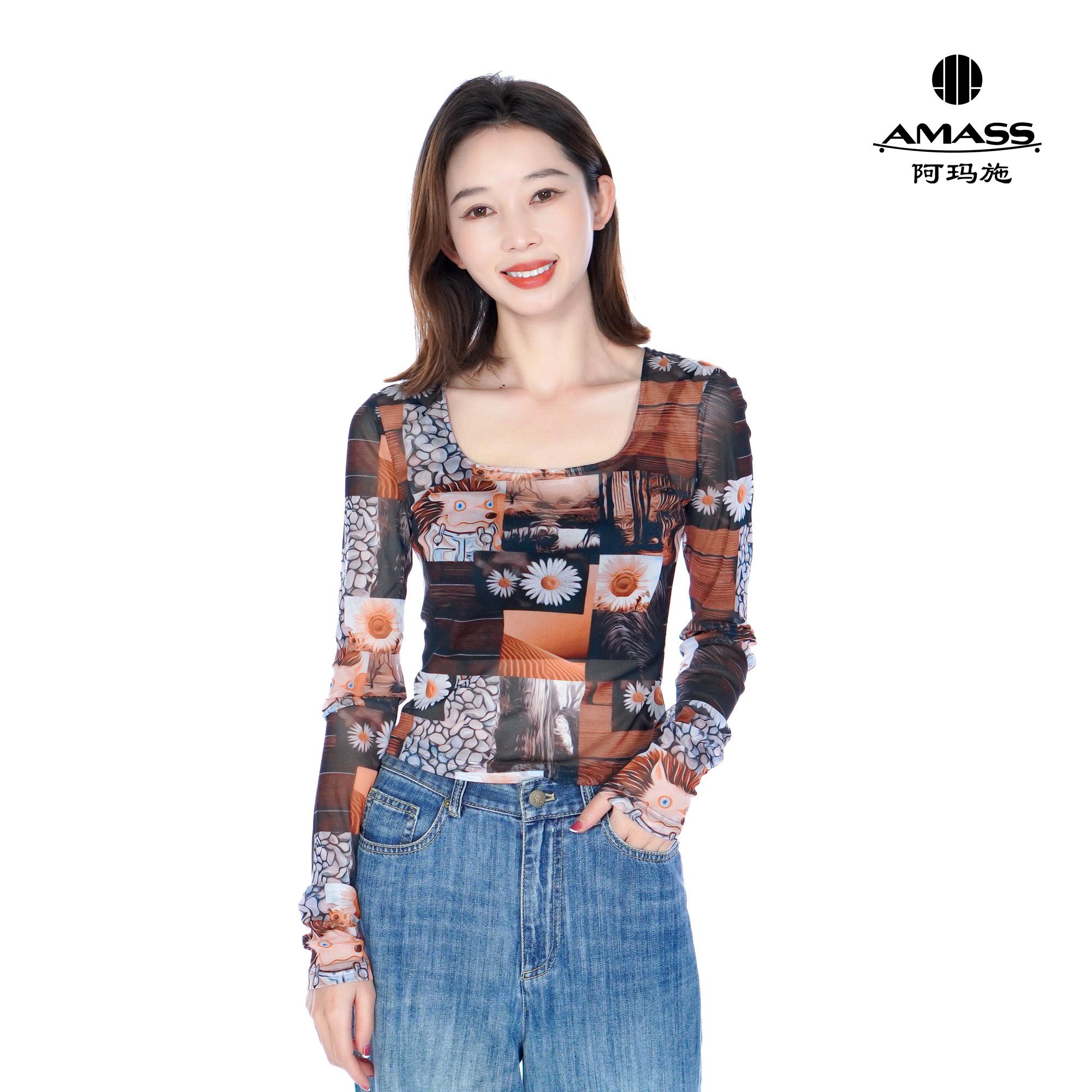 阿玛施美拉德风大U领印花修身显瘦时尚打底夏季长袖T恤女5300927