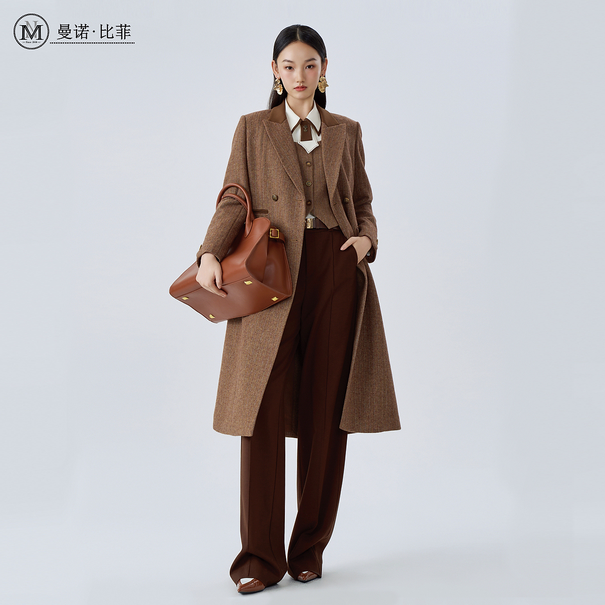 冬季人字呢中长款羊毛呢大衣外套MFSG142044