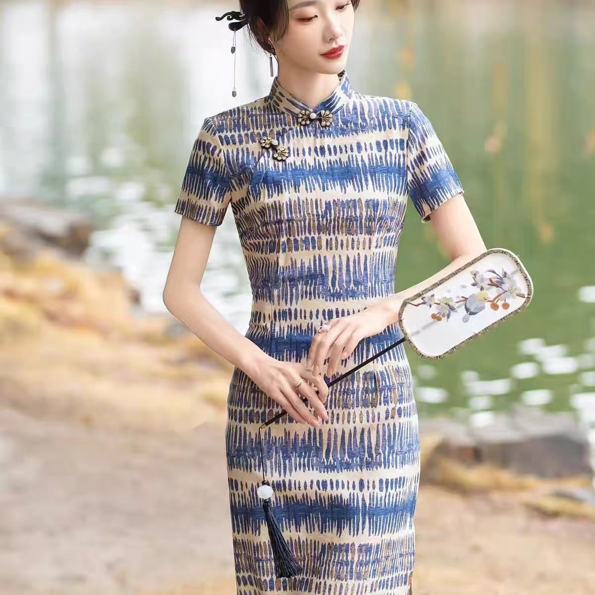 607兰1-3-2黄1-1-2春夏新款中国风人棉中长款复古旗袍女装改良连