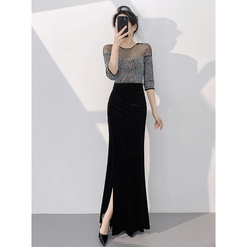 黑色晚礼服女高级感宴会气质轻奢小众高端性感开叉年会主持人鱼尾