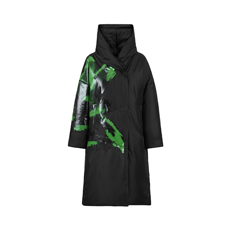 圣迪奥女装运动休闲连帽撞色胶印长款黑色羽绒服S21482495