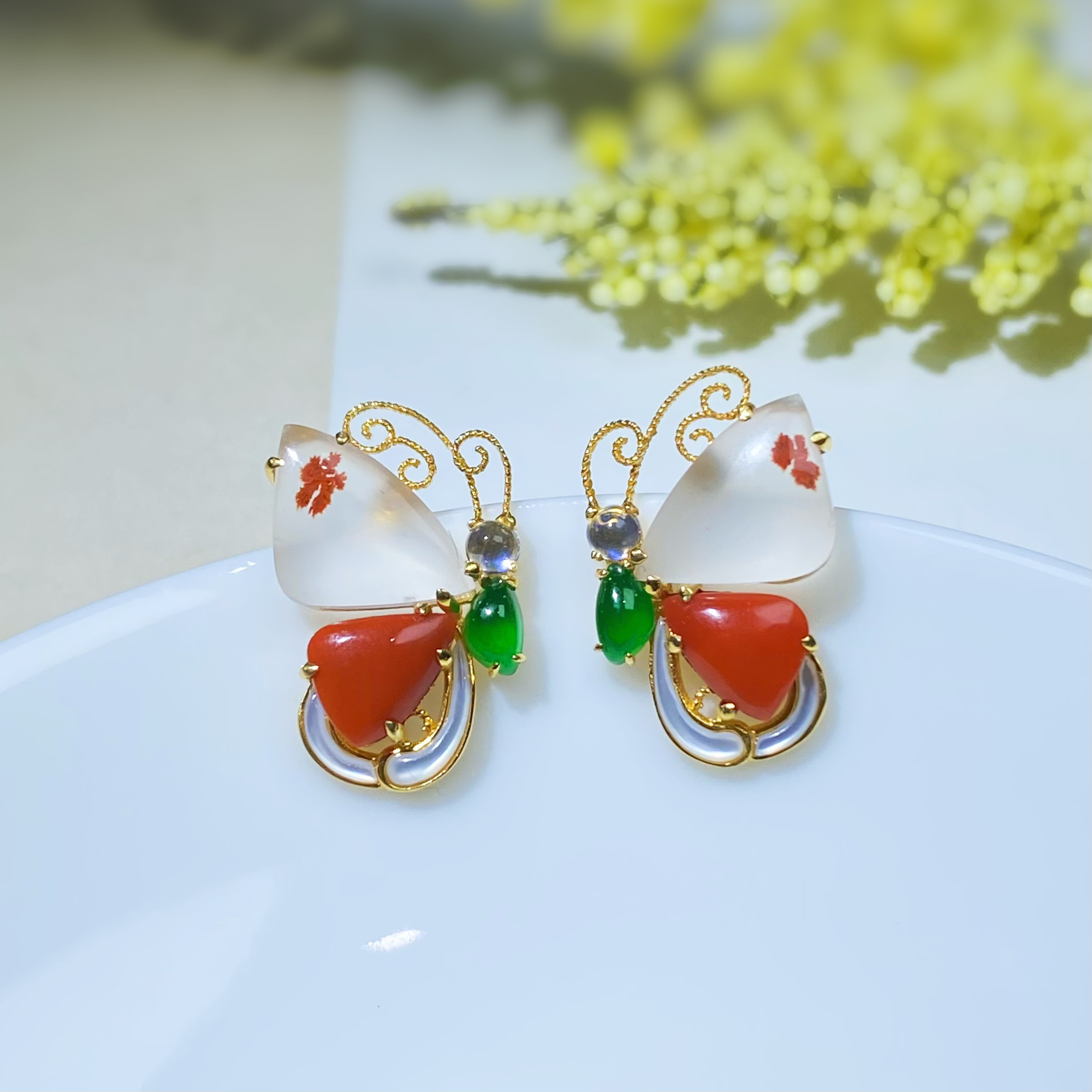 天然原矿南红 冰飘蝴蝶耳饰➕18K金镶嵌 精致小巧 日常简约通勤 