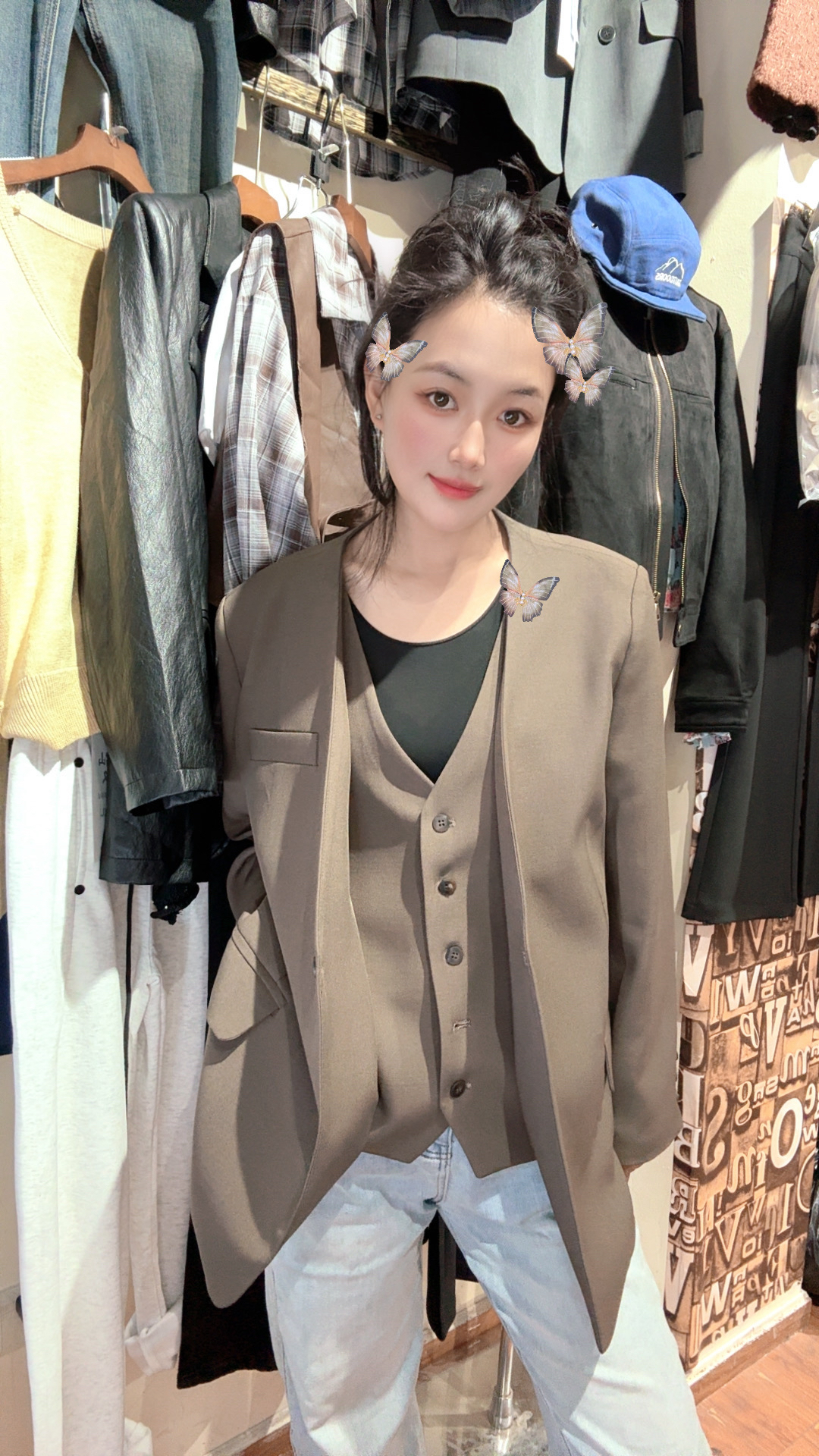 2025春季新款高级感气质宽松休闲西服上衣v领假两件