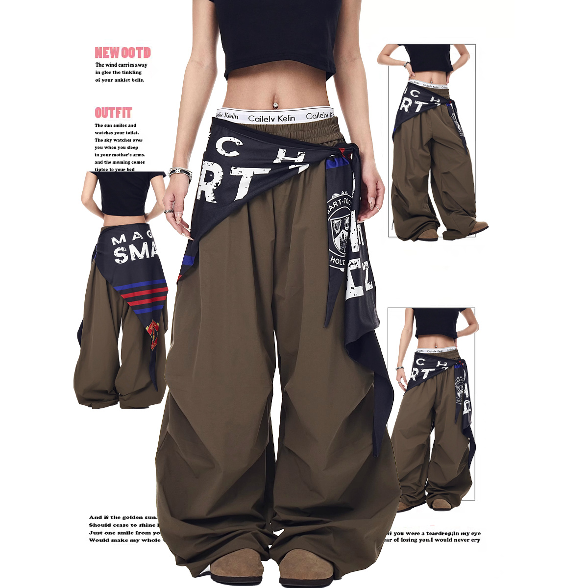 直筒透气男士美式复古设计感屁帘工装伞兵裤男女宽松褶皱阔腿裤