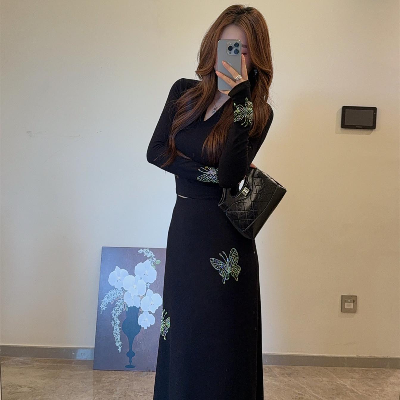 法式休闲风时尚套装女显瘦上衣高腰半身裙烫钻复古气质两件套8065