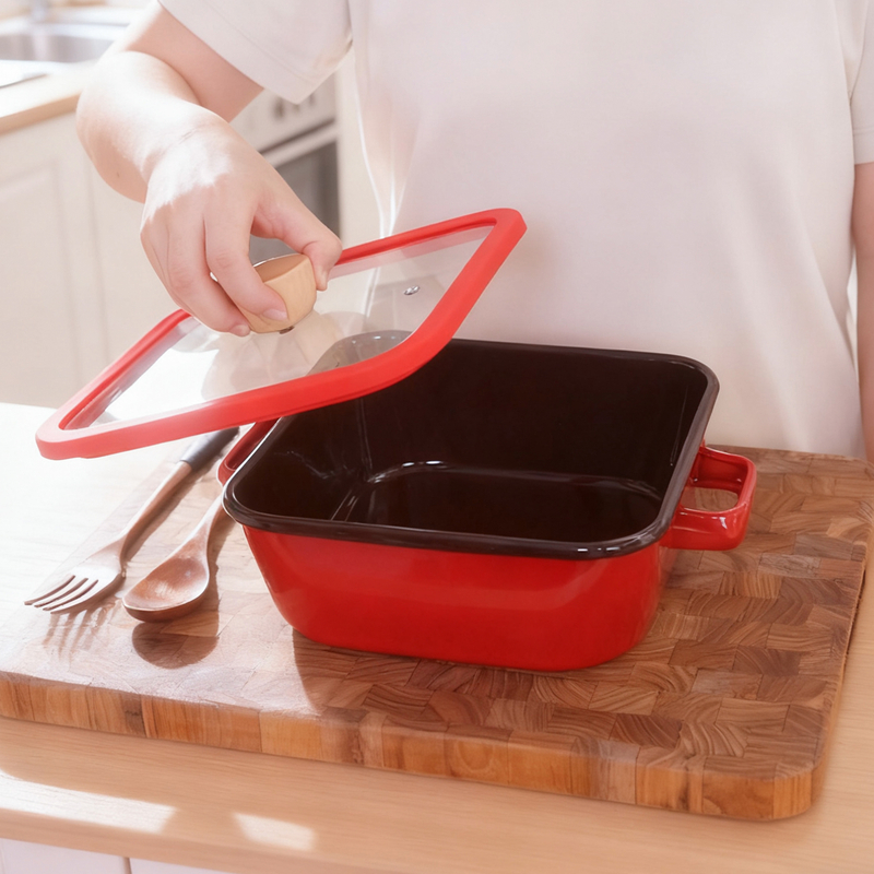 韩式搪瓷方形红色双耳锅炖锅火锅泡面锅煲汤明火电磁炉通用