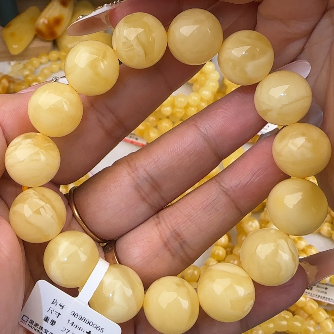 蜜蜡未镶嵌手串白花圆珠手串