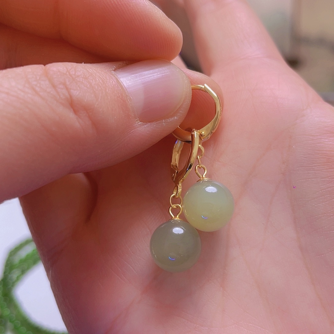 和田玉耳饰银S925镀金镶嵌