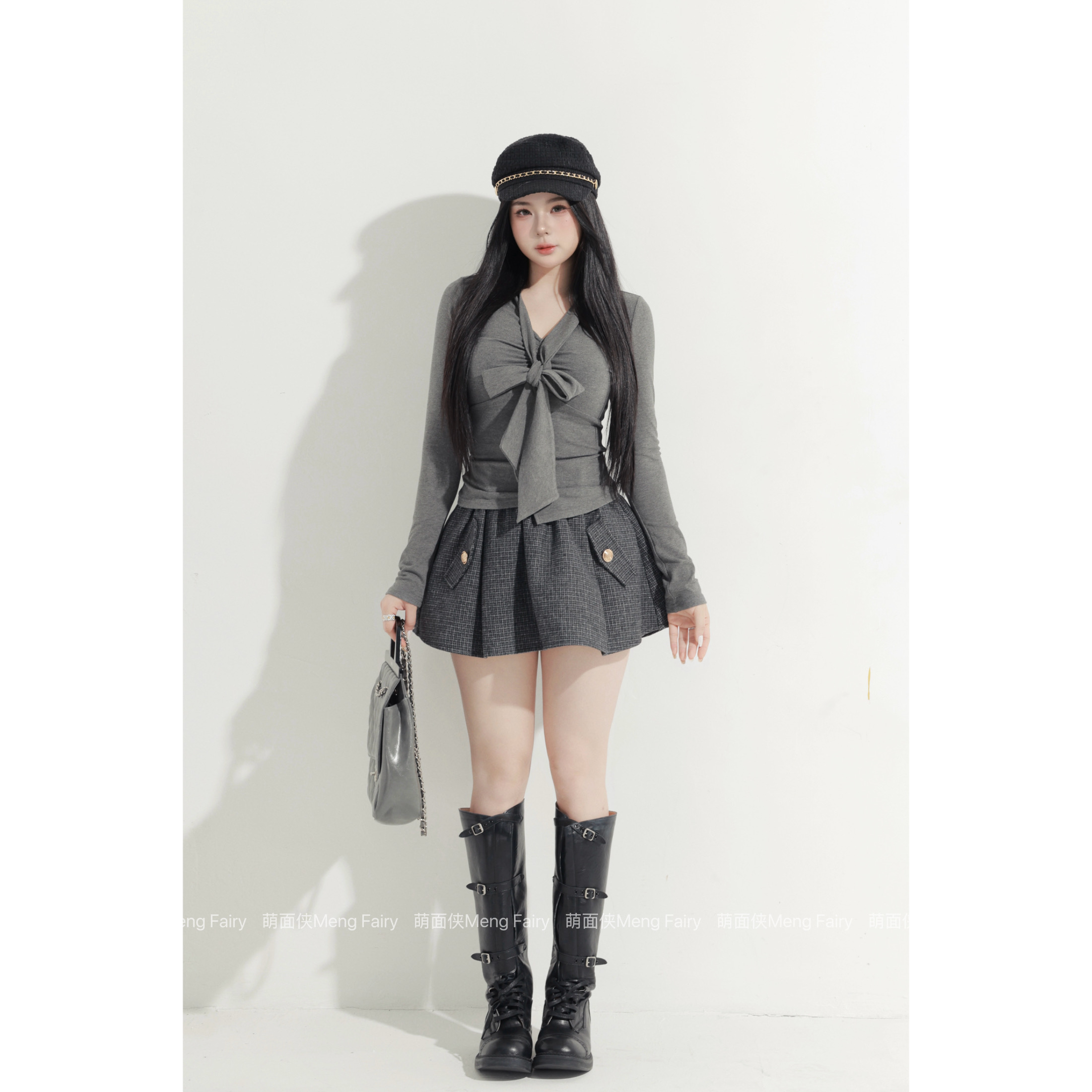 萌面侠【灰调柏林】韩系V领系带针织上衣百搭格子半裙6646M6668