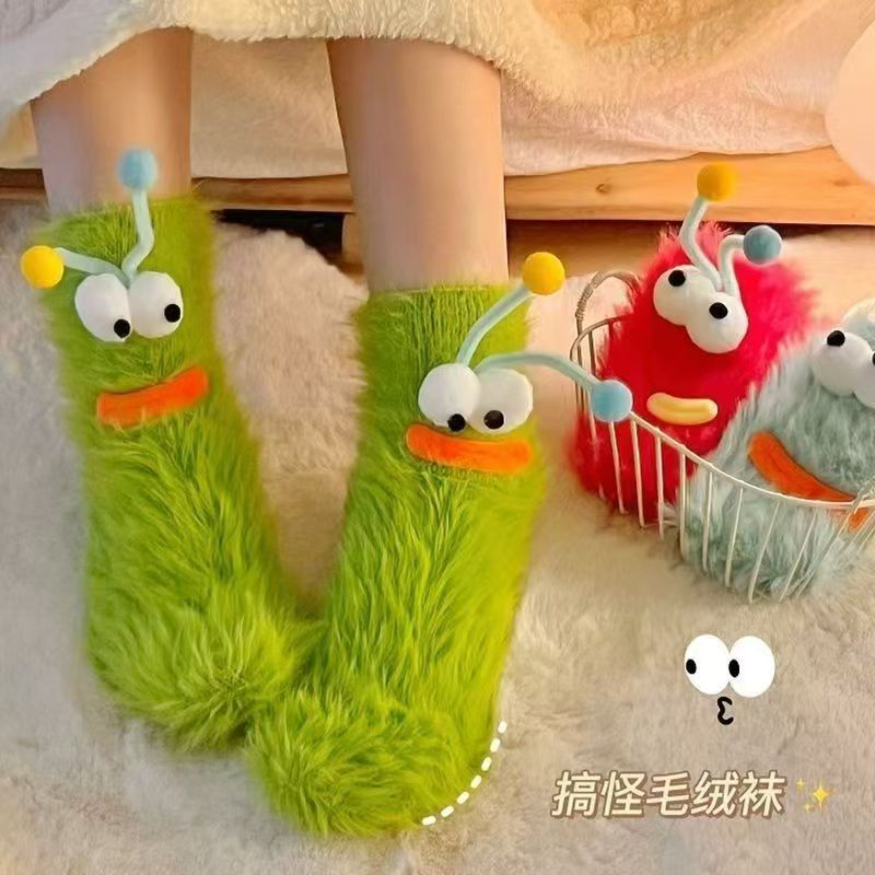 冬季毛绒袜子卡通搞怪睡眠袜女生情侣中筒袜儿童袜子搞怪地板袜cy