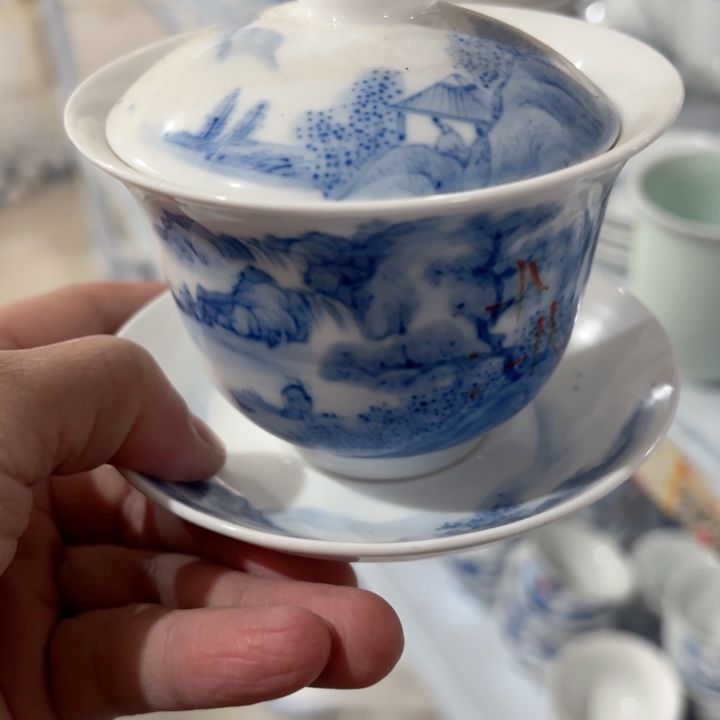 杯手绘山水盖碗陶瓷一个