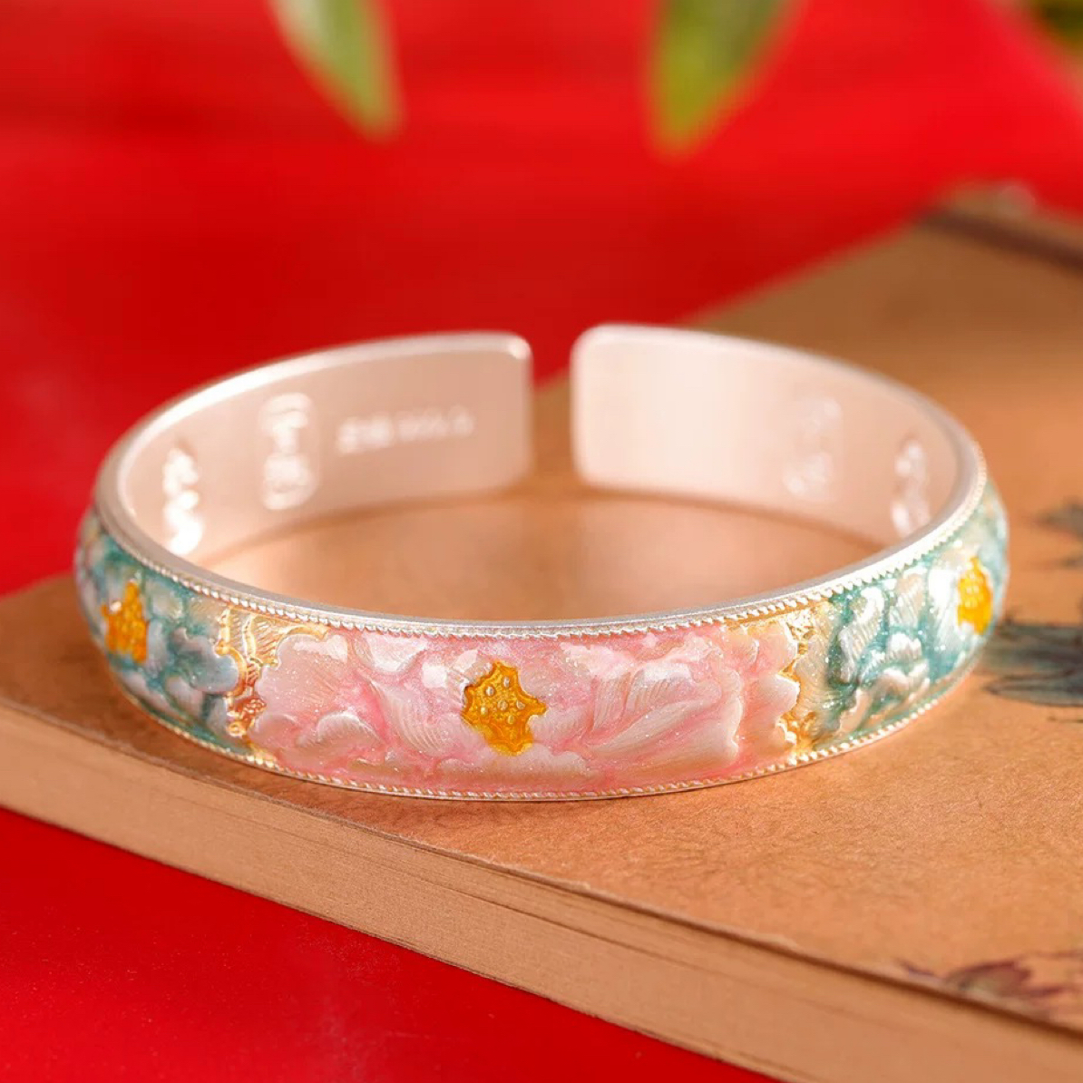 足银手镯 足银珐琅彩银手镯999.9纯银描金花开富贵牡丹银镯子国风