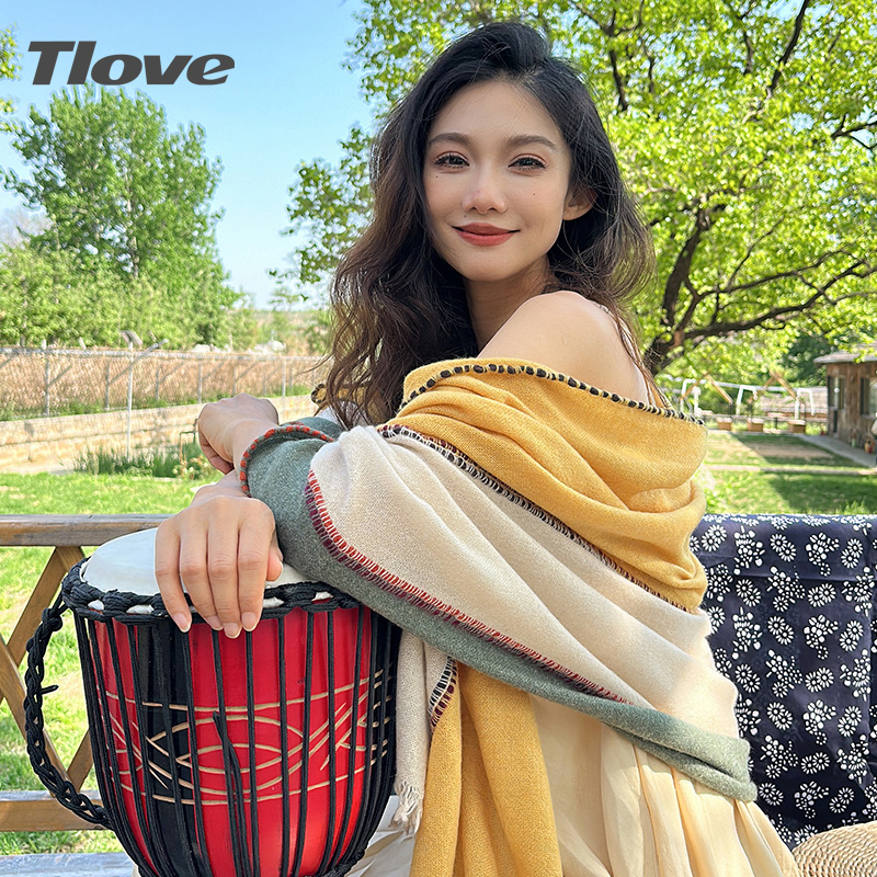 5876山羊绒围巾女士四季款保暖拼接长款高级感围脖装披肩195*70cm