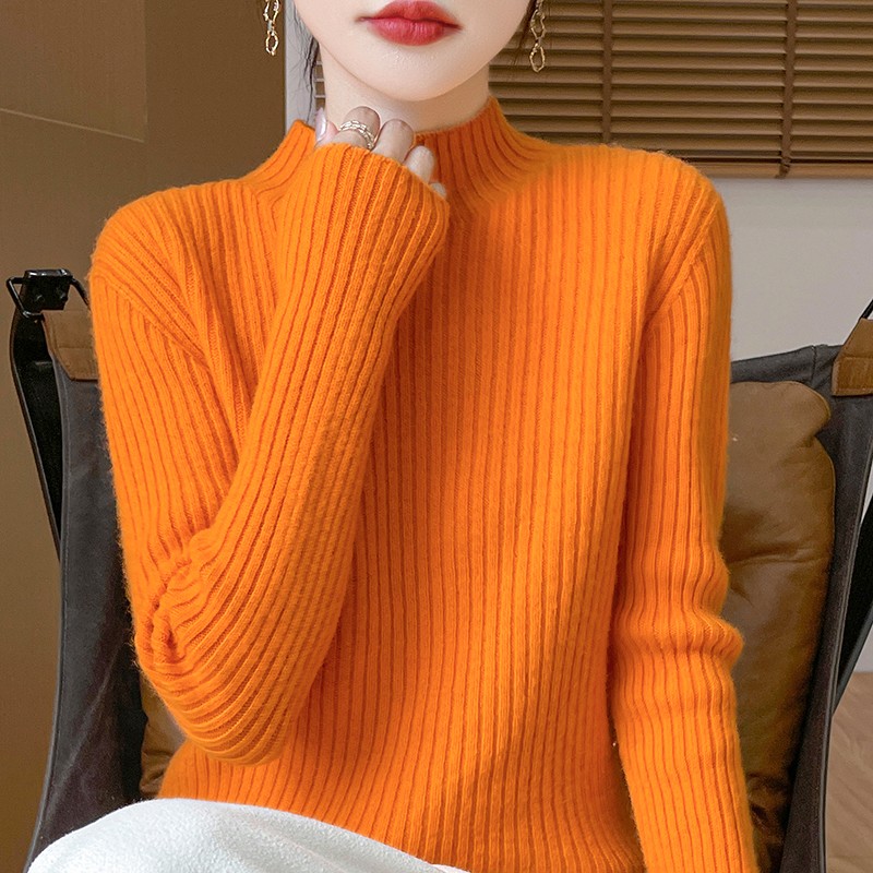 加厚抽条100%纯羊毛针织衫女秋冬新款半高领宽松打底毛衣长袖套头