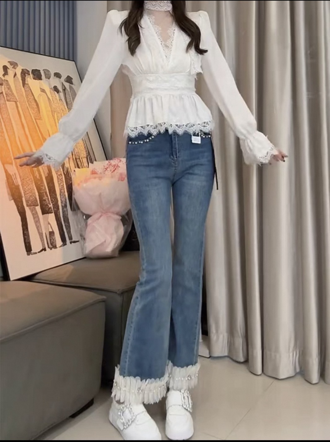 设计感重工钉珠木耳边微喇裤高腰显瘦长裤【裤长93-103】