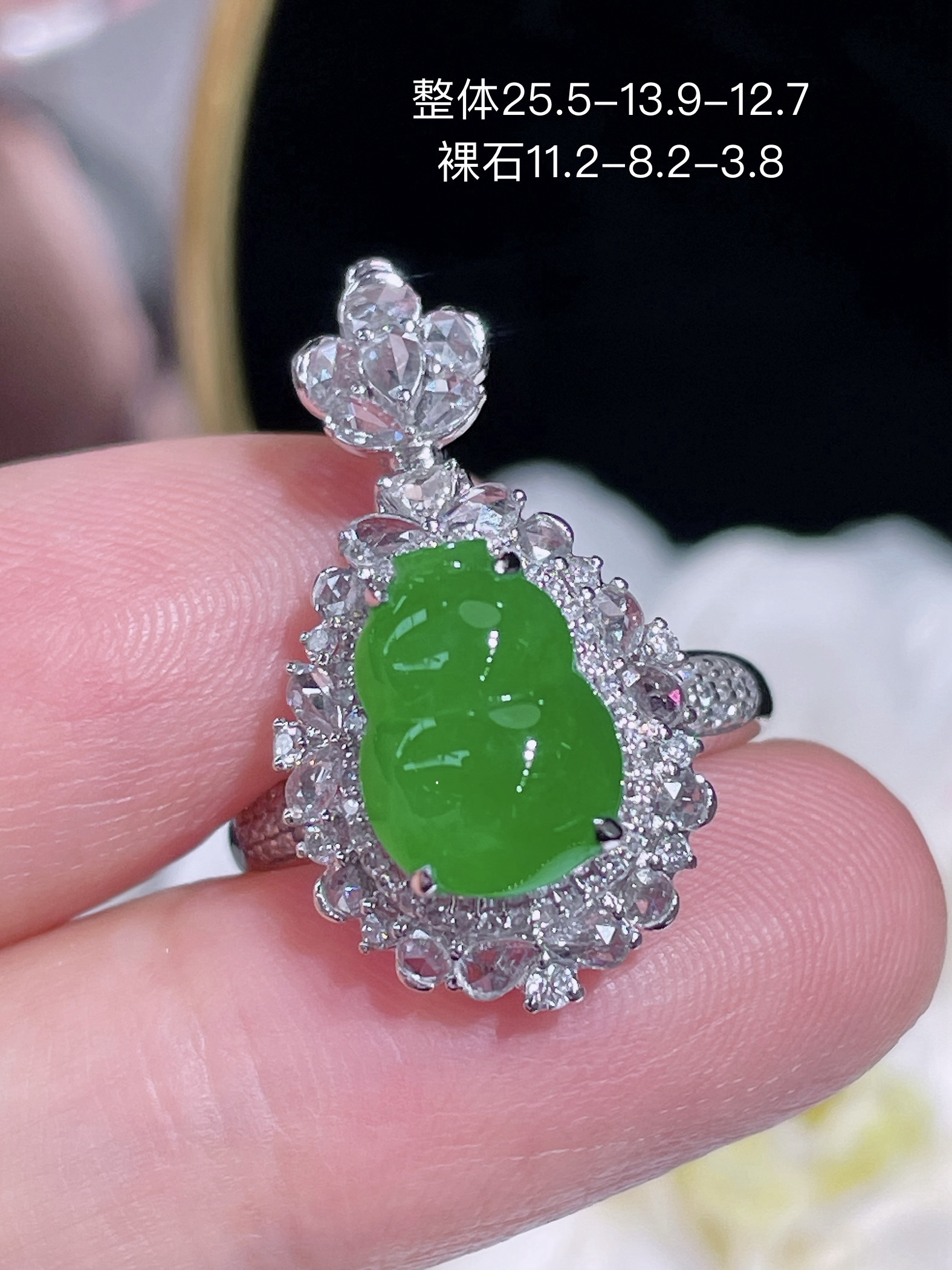 天然缅甸翡翠A货18k金镶钻阳绿葫芦戒指+吊坠两用款豪华镶嵌