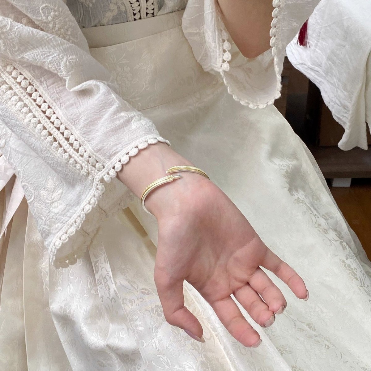 足银手镯 足银999.9 60 描金金羽毛镯大气国风小众