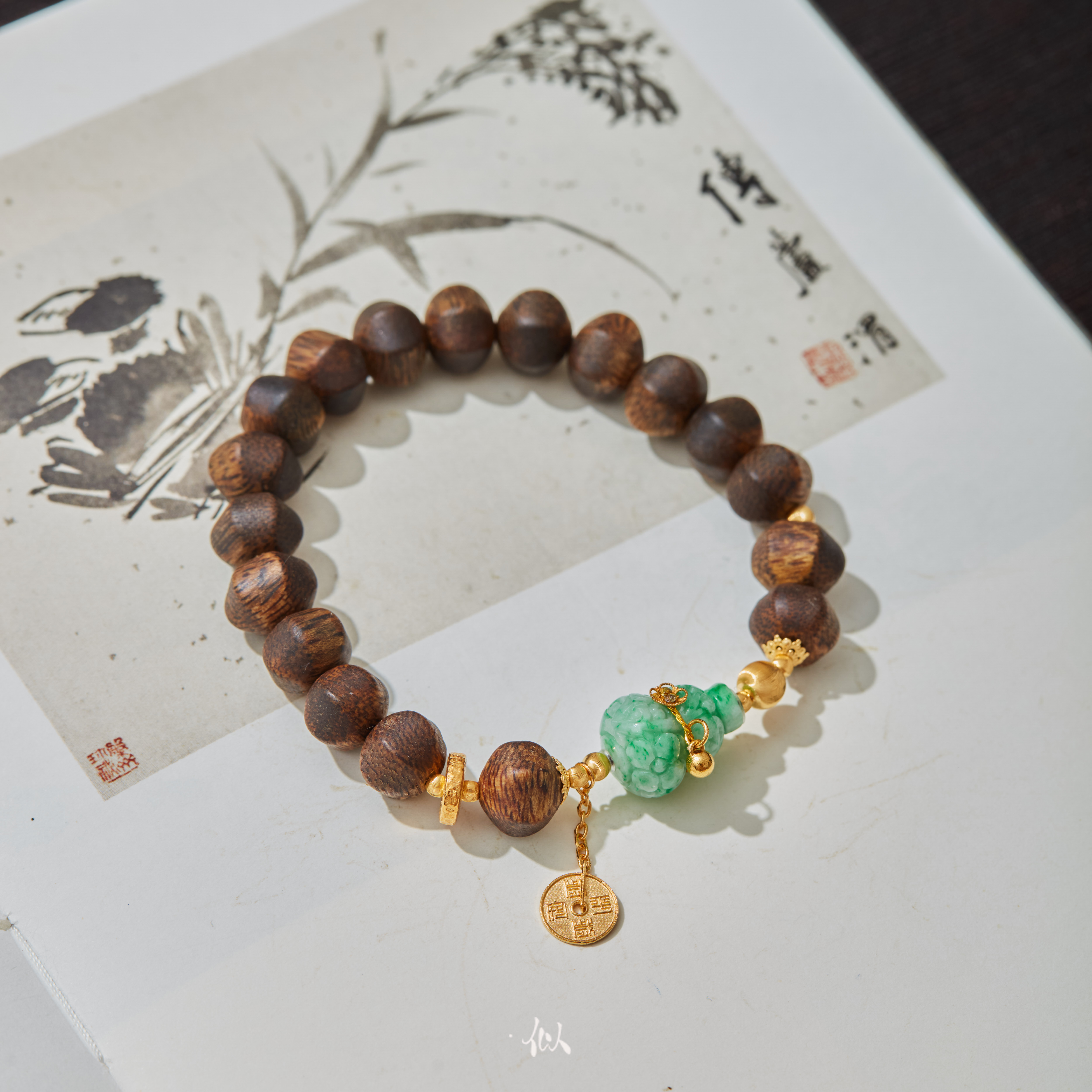 沉香【意殊】·似梓珠宝· 18K翡翠葫芦沉香手串  XYGD048079-C