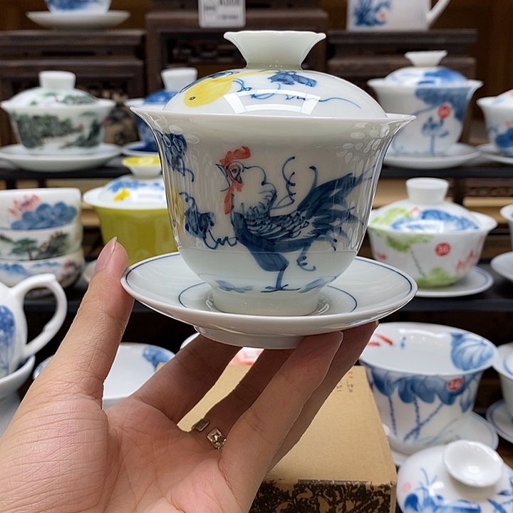 手绘公鸡盖碗160cc釉下彩微瑕福利款