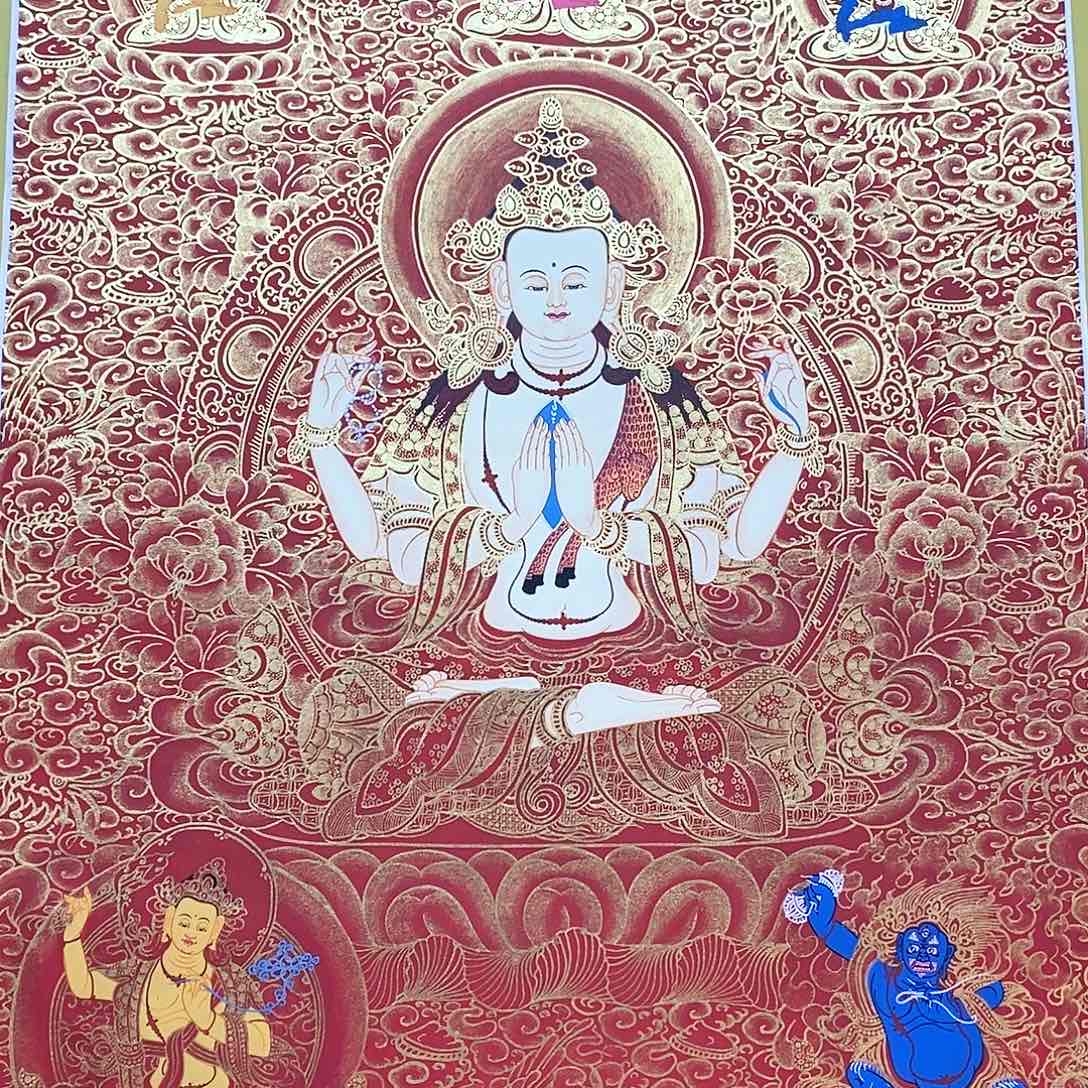 装裱画手绘红底四臂观音