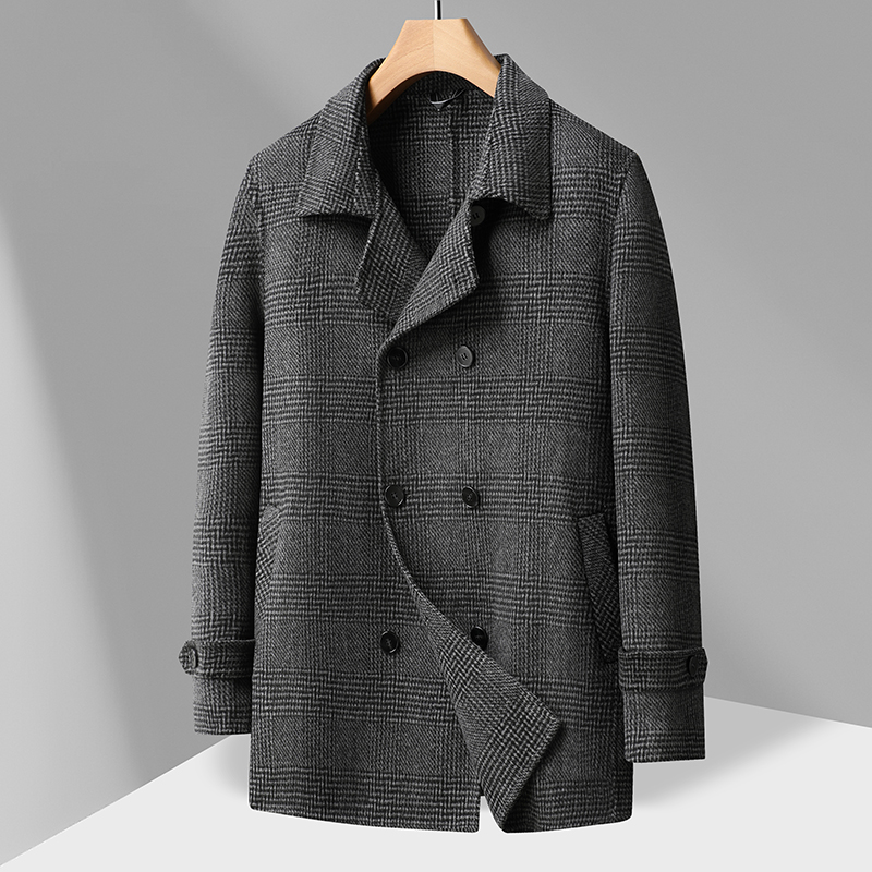 大码男士长款中长款格子双面格纹毛呢大衣双排扣毛呢外套
