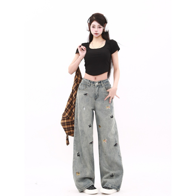 童趣小狗刺绣牛仔裤女阔腿宽松拖地裤高腰显瘦直筒裤