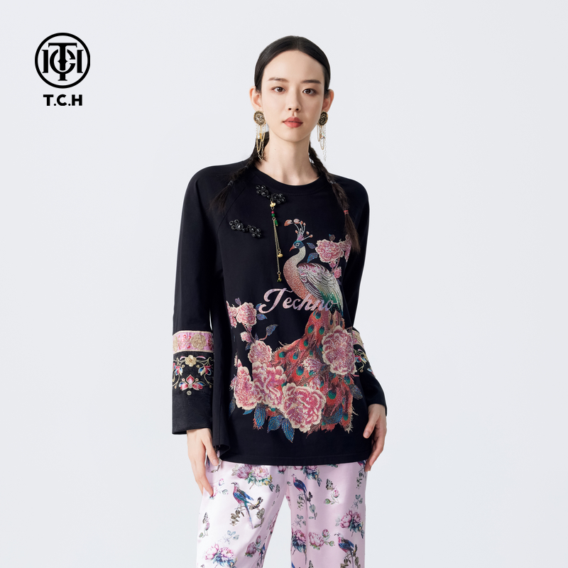 TCH轻奢烫钻工艺民族风提花洋气时尚宽松T恤女T72C086036私服tch