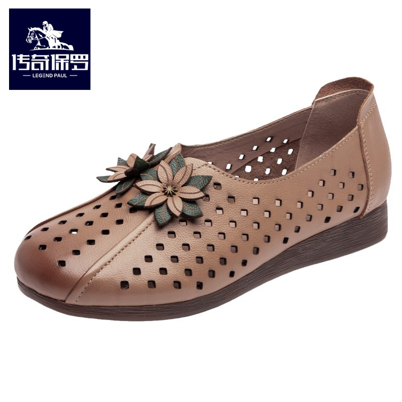 头层牛皮妈妈凉鞋女夏季镂空洞洞鞋牛筋软底平跟中老年民族风女鞋