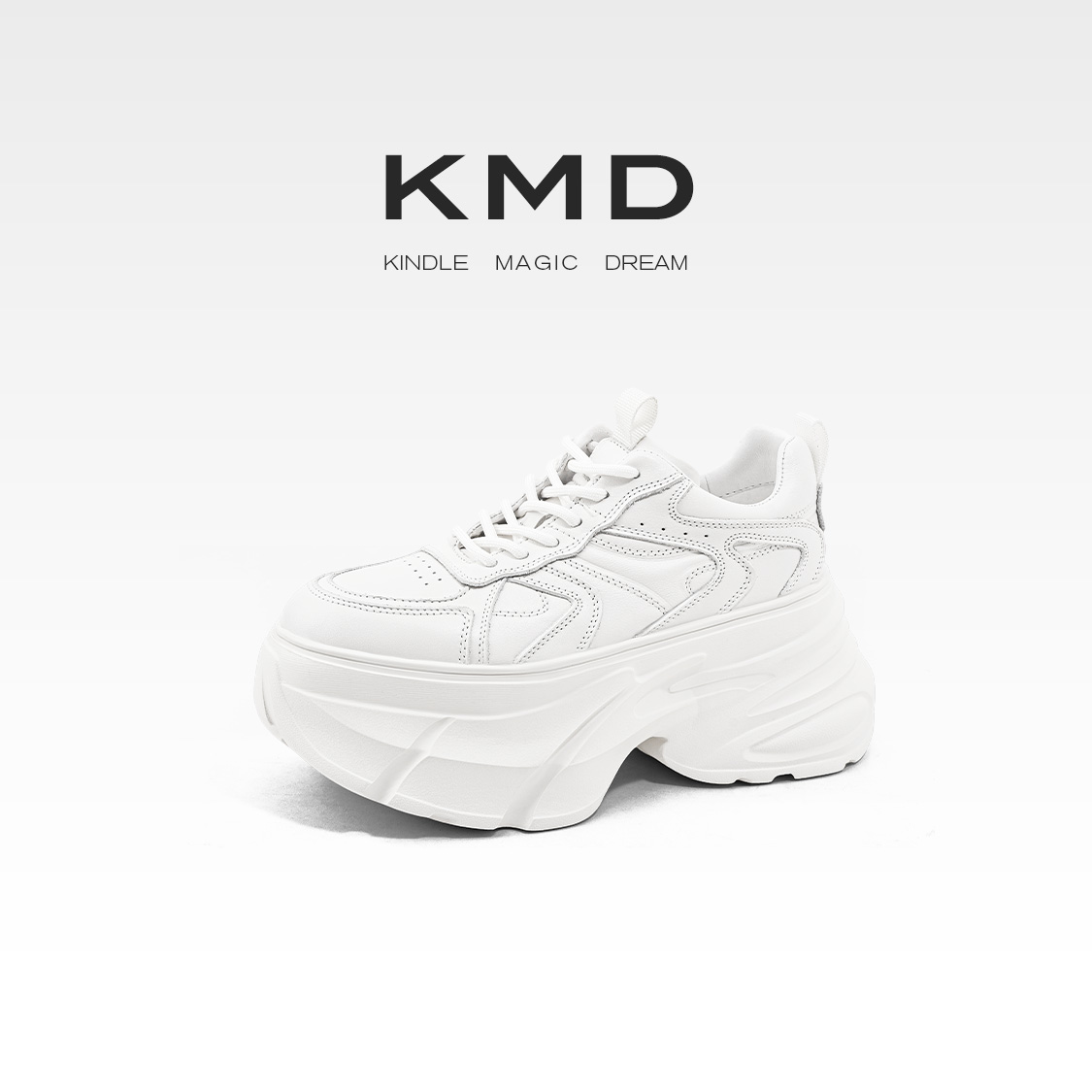 KMD S 2025秋季新款真皮厚底白鞋女增高运动休闲鞋百搭真皮老爹鞋