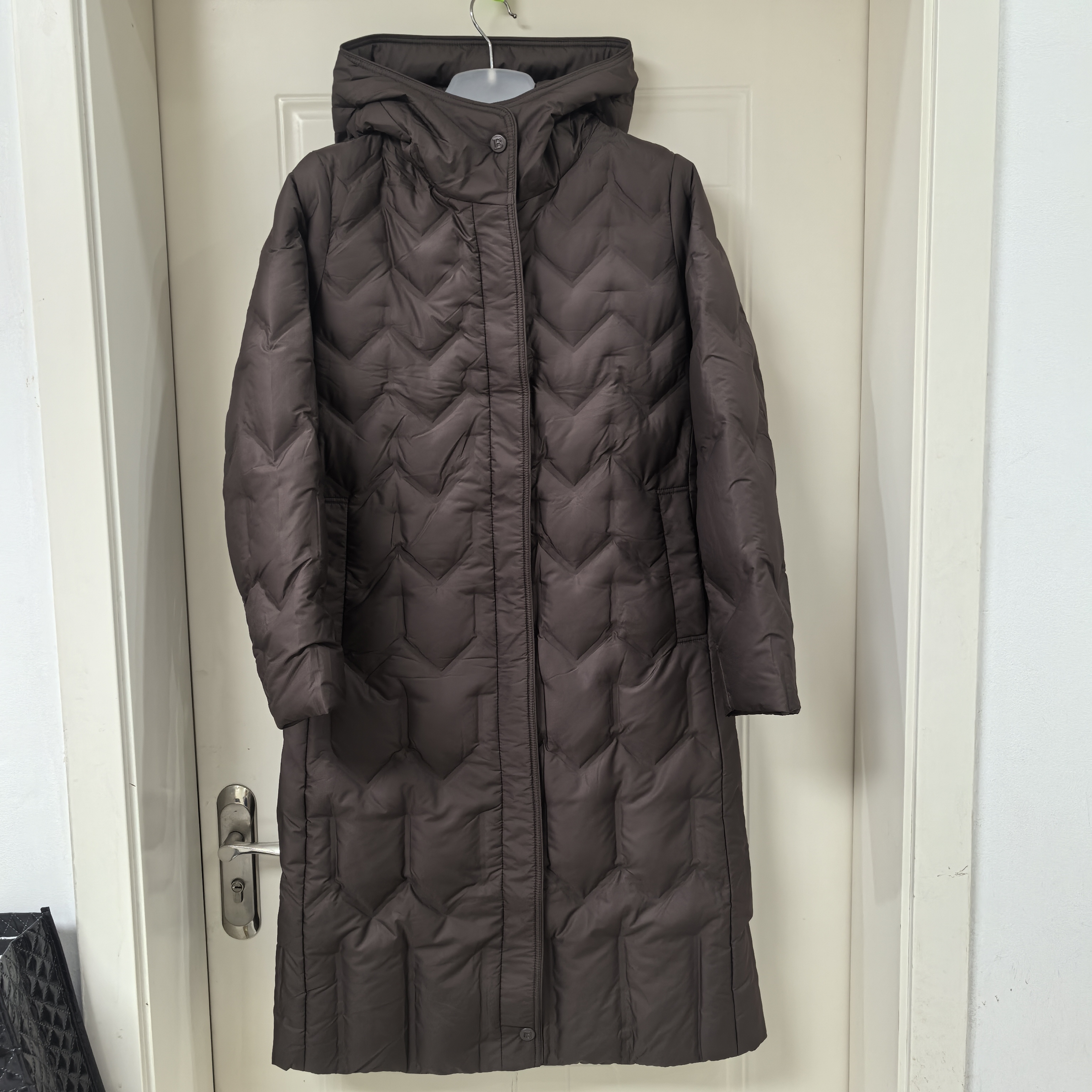 露韵诗羽绒服268767鹅绒长款连帽腰带修身显瘦