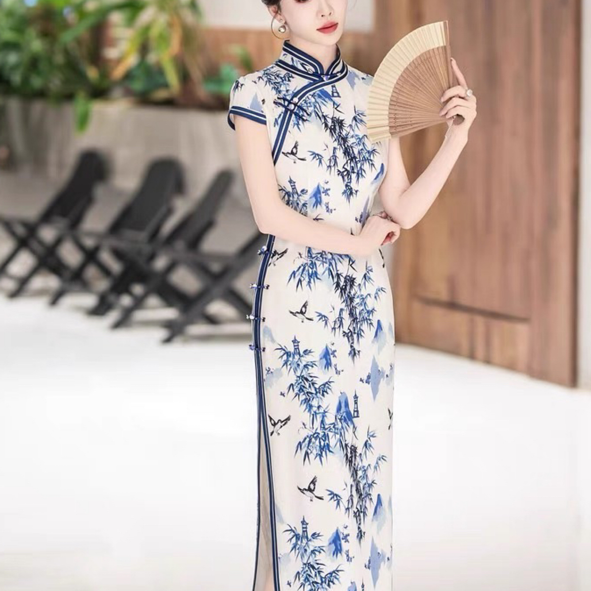 9099-青花瓷旗袍年轻长款2025新款夏女妈妈高端日常优雅连衣裙长