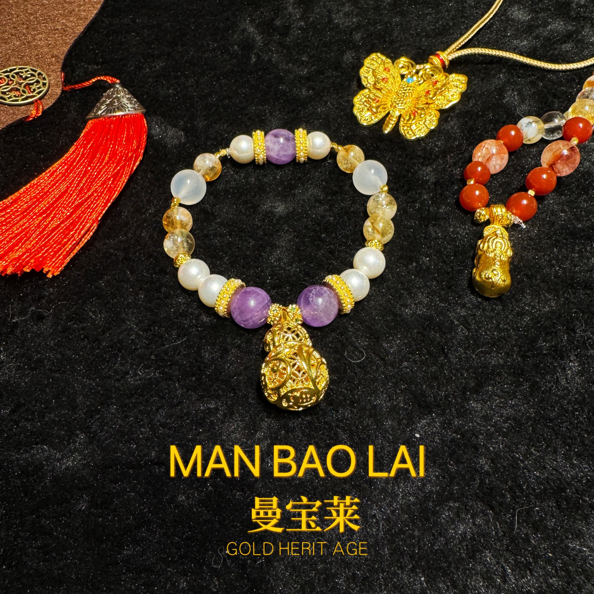 曼宝莱 合金手链 【芳华如梦】时尚国风水晶手串带黄金色吊坠M282