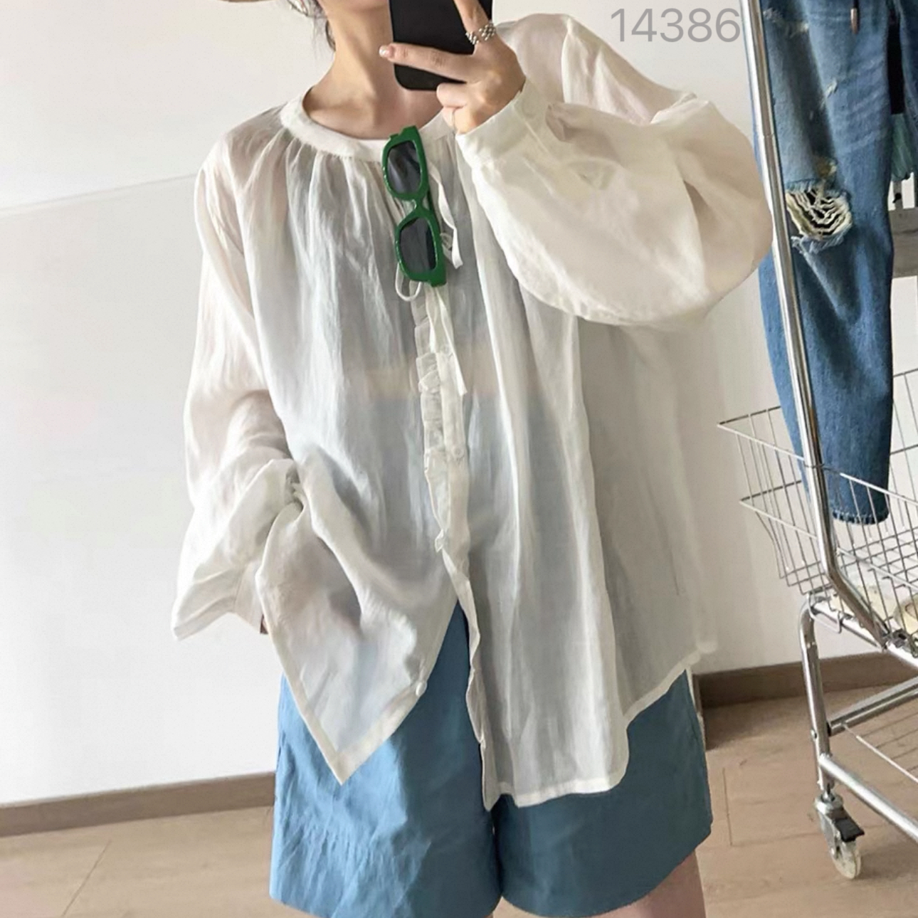 14386 SANFAN 新款领口抽绳方领防晒衬衣