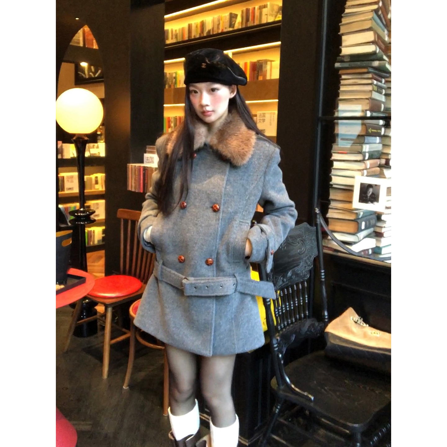 【HRG】新款翻领秋冬保暖腰带厚款时尚HD毛呢外套254U4200