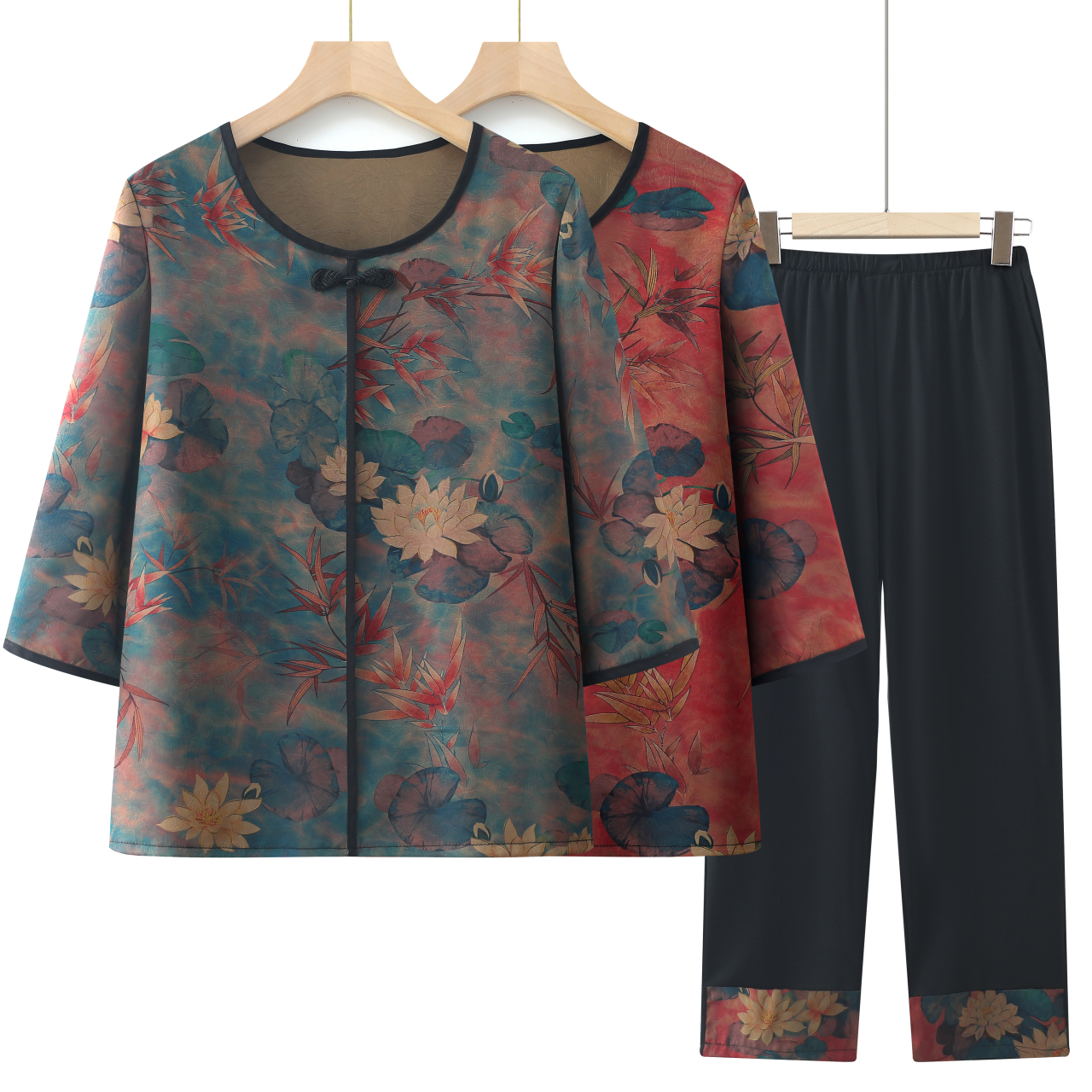 中老年人女妈妈装夏装套装中袖上衣老人衣服夏季奶奶装薄款两件套