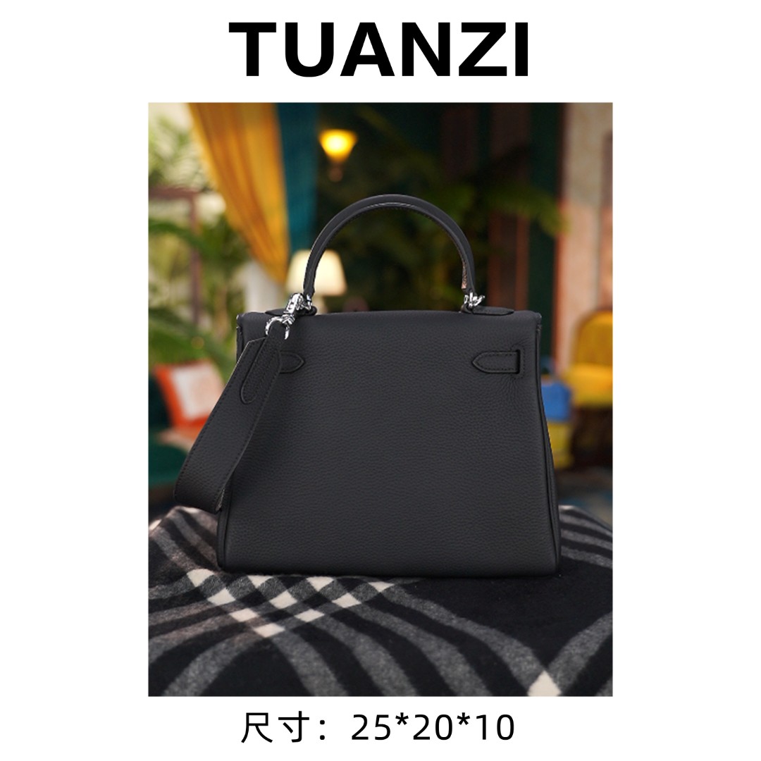 【25cm银扣】手提斜挎腋下TUAN′ZI定制真皮女包 XKY-6827-黑色
