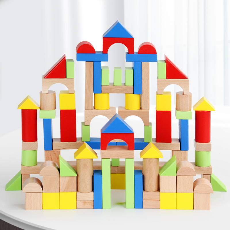 LLW儿童木制榉木大颗粒拼装积木桶装宝宝实木早教益智力玩具2岁6