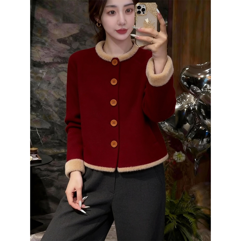 2025冬季新中式国风红色毛呢外套女爆款本命年气质高级感复古上衣