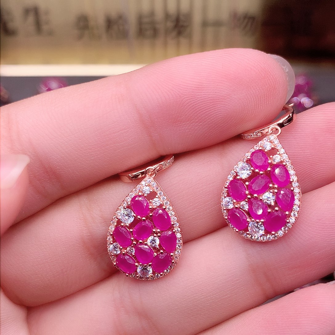 红宝石耳饰银S925镶嵌