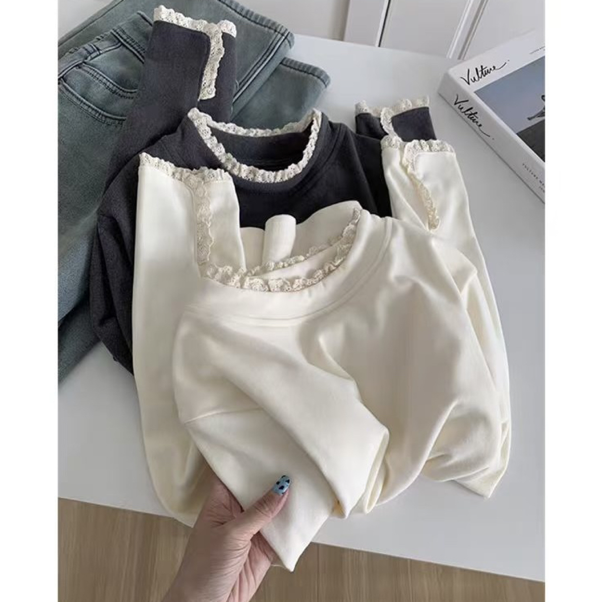 半高领双面德绒打底衫女内搭秋冬保暖长袖T恤设计感蕾丝花边上衣
