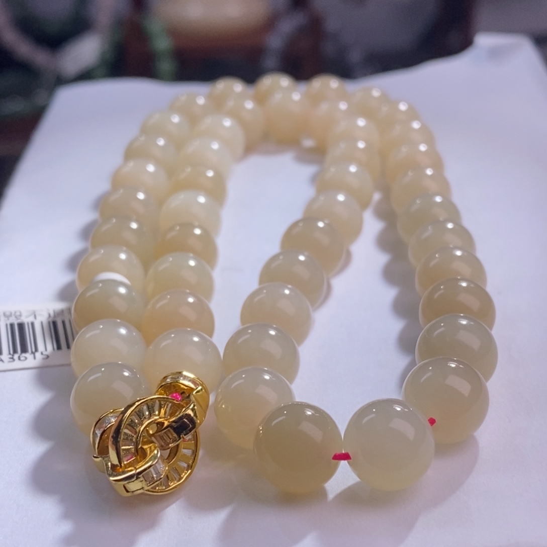 和田玉熟藕粉银镶妈妈链10MM未镶嵌