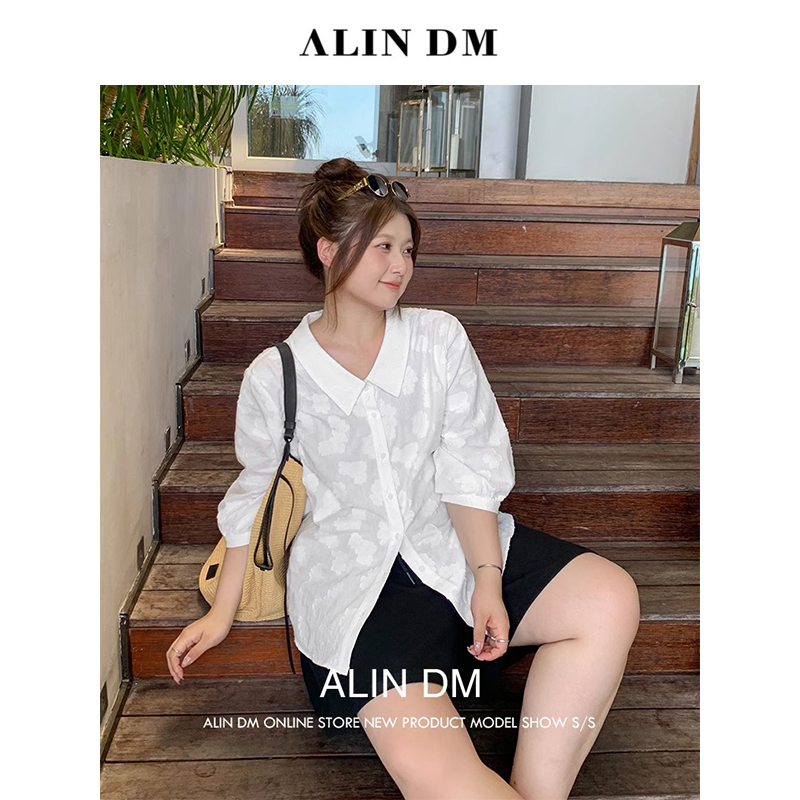 ALINDM【纯真花圃】大码微胖mm轻奢高级感气质短袖衬衫 AS26344